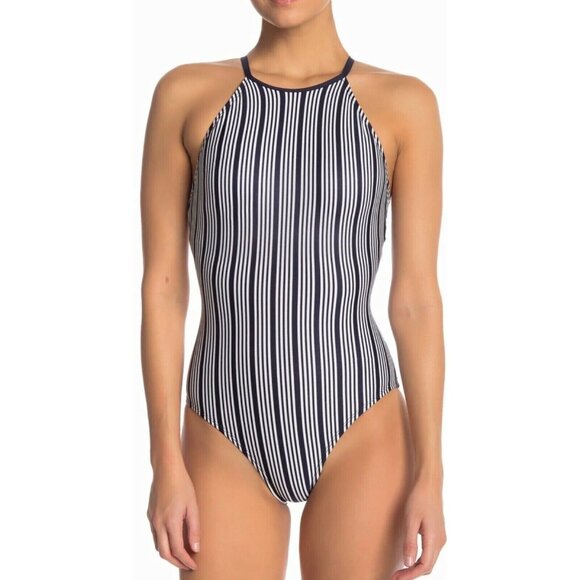 Nautica Swimsuit Womens Extra Large Cool High Neck Striped 1 Piece Blue White - Picture 1 of 15